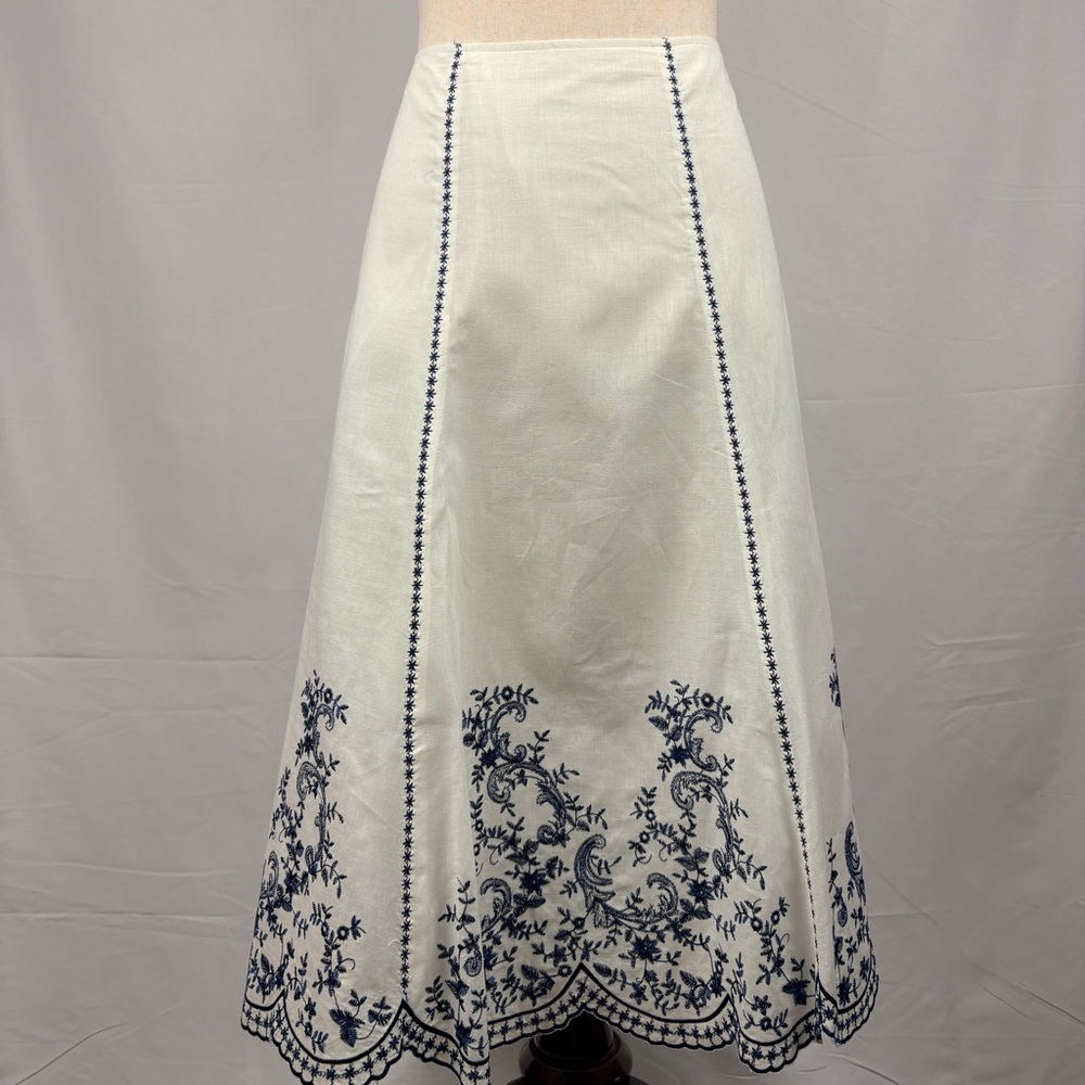 Robbie Bee Embroidered Midi Skirt Petite 14 Blue White Cotton A-Line